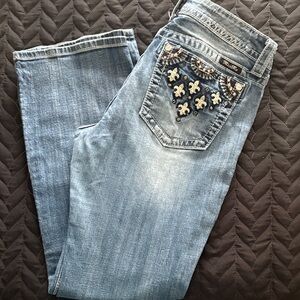 Miss Me Blue Boot Cut Jeans with Fleur-de-Lis Detail